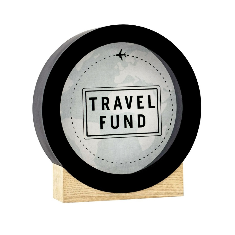Travel Fund Decorative Money Bank With Globe Background Black & Wood 8”